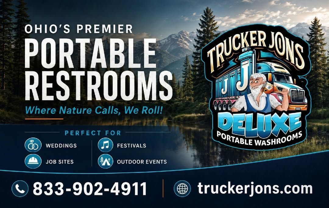 Trucker Jon’s promotional graphic advertising deluxe portable restroom and washroom rentals in Ohio.