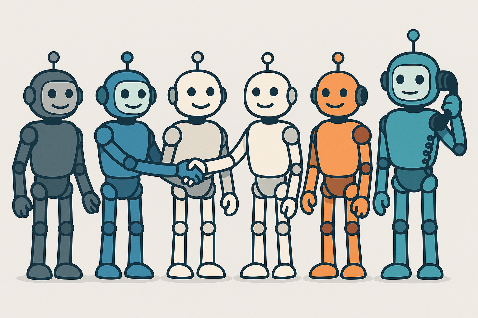 Illustration of AI bots collaborating, with one holding a phone to depict miscommunication risks.