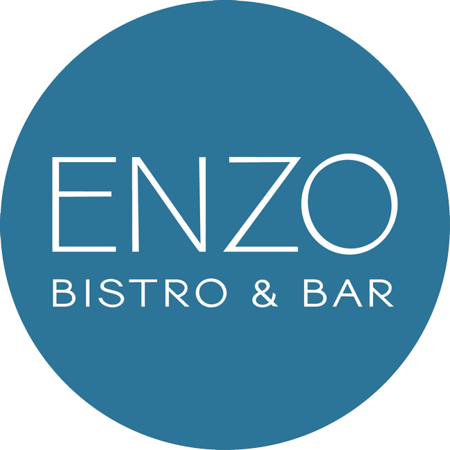 A logo for enzo bistro and bar in a blue circle