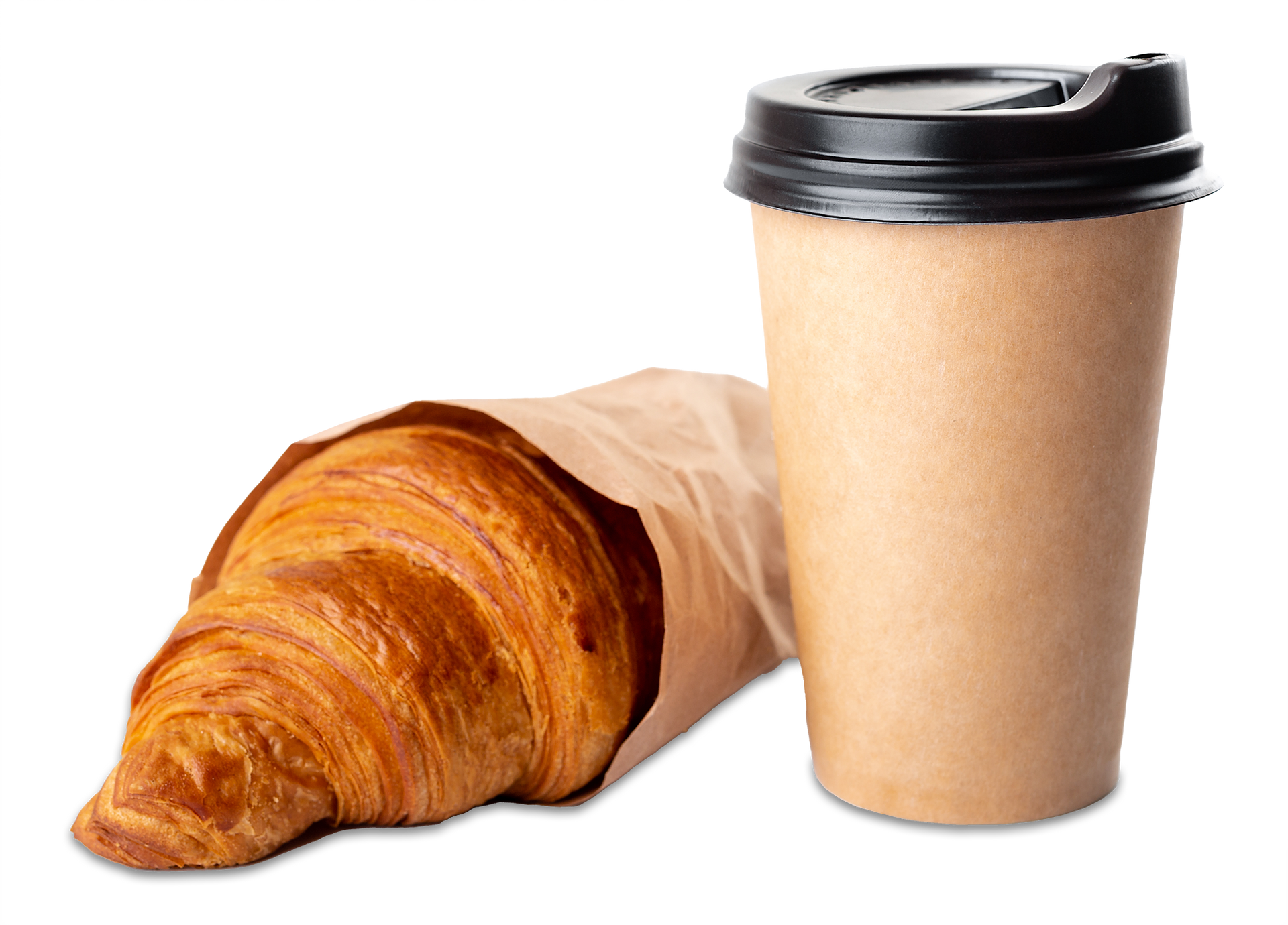 A croissant and a cup of coffee on a white background