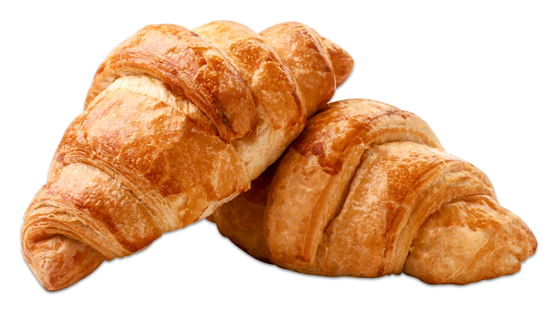 Two croissants are stacked on top of each other on a white background.