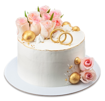 A white cake with pink roses and gold rings on top.