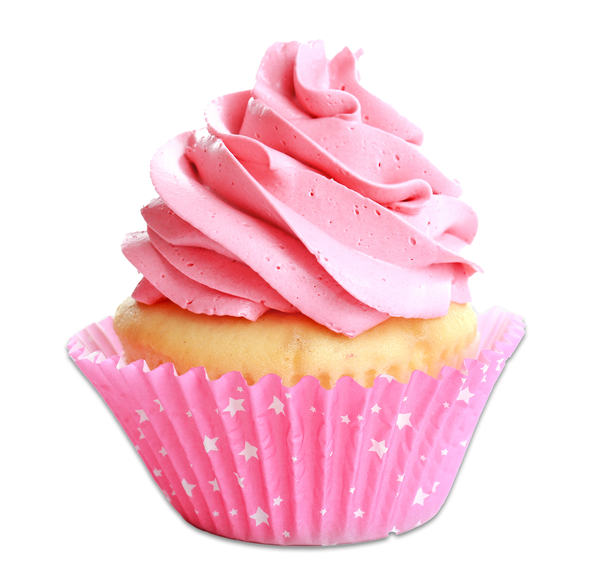 A cupcake with pink frosting in a pink wrapper