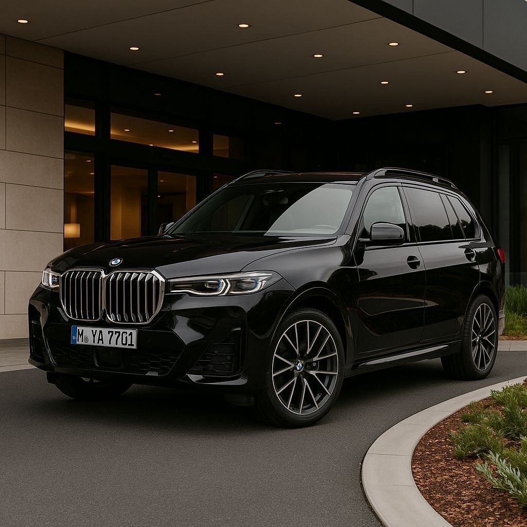 Black Cadillac Escalade SUV parked in front of a modern building.