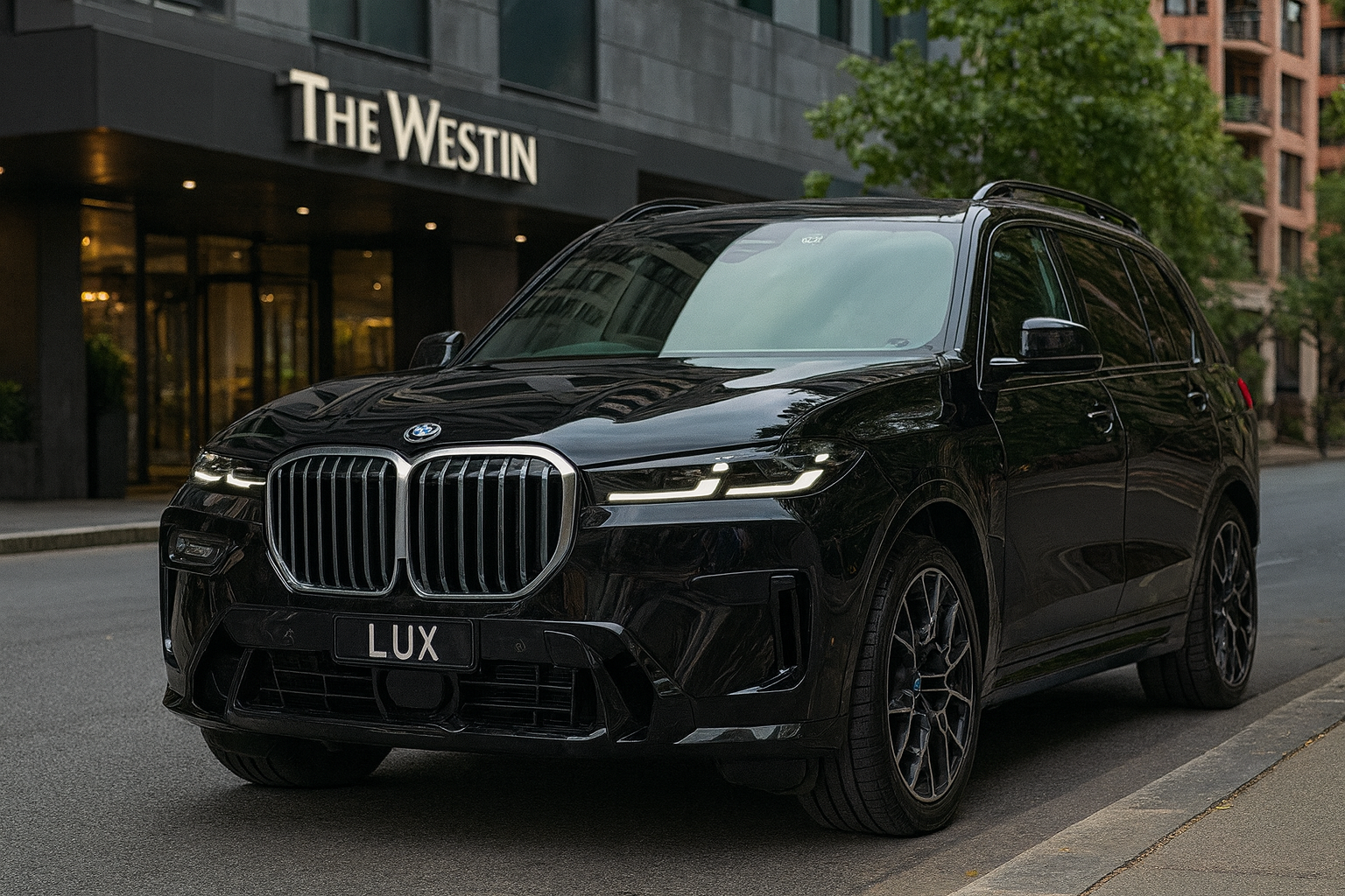 Black BMW X7 SUV. Front view.