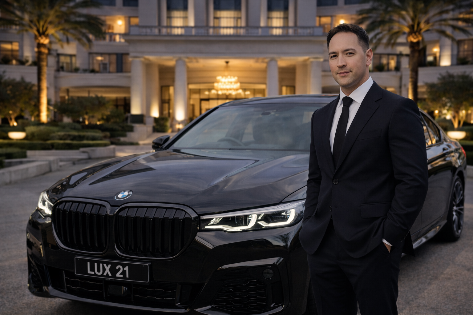 Man in suit opening car door of black SUV.