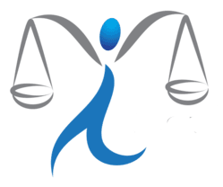 Blue figure with raised arms holding scales of justice.