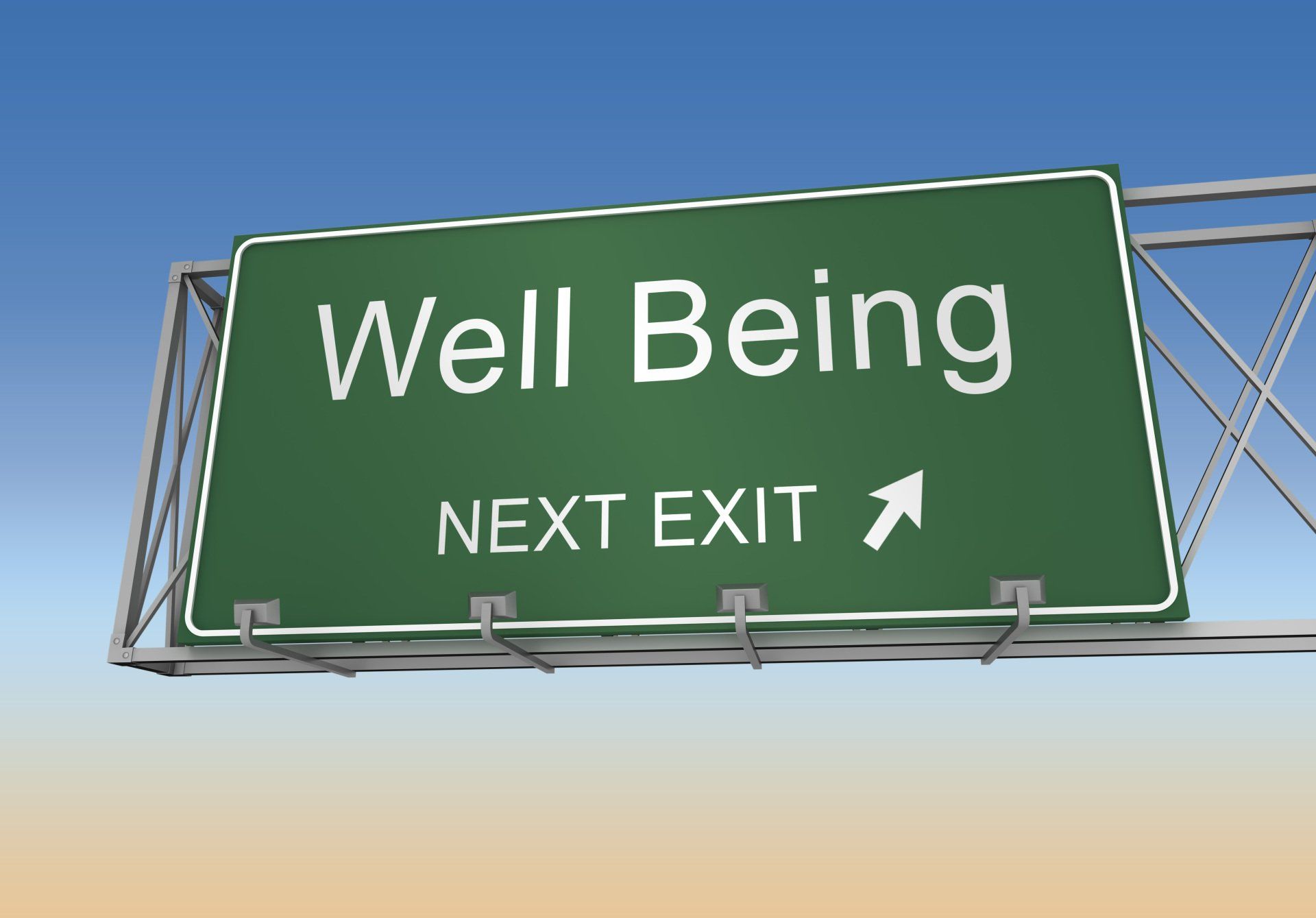 A green sign that says well being next exit