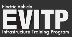 Logo for the Electric Vehicle Infrastructure Training Program: EVITP, in large white letters, with text above and below.