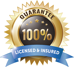 Gold seal with "Guarantee 100%" in center, surrounded by "LICENSED & INSURED" on a blue ribbon.