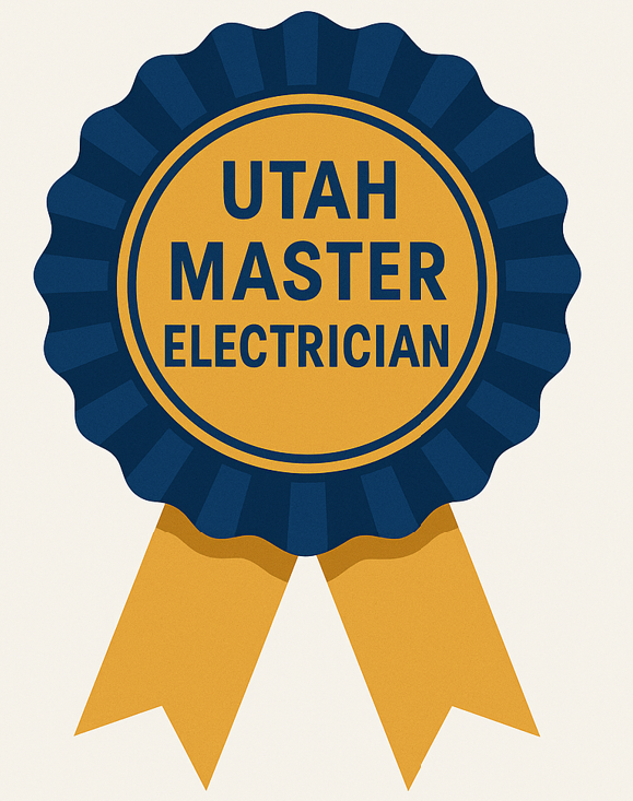 Utah Master Electrician badge: navy and gold rosette with text.