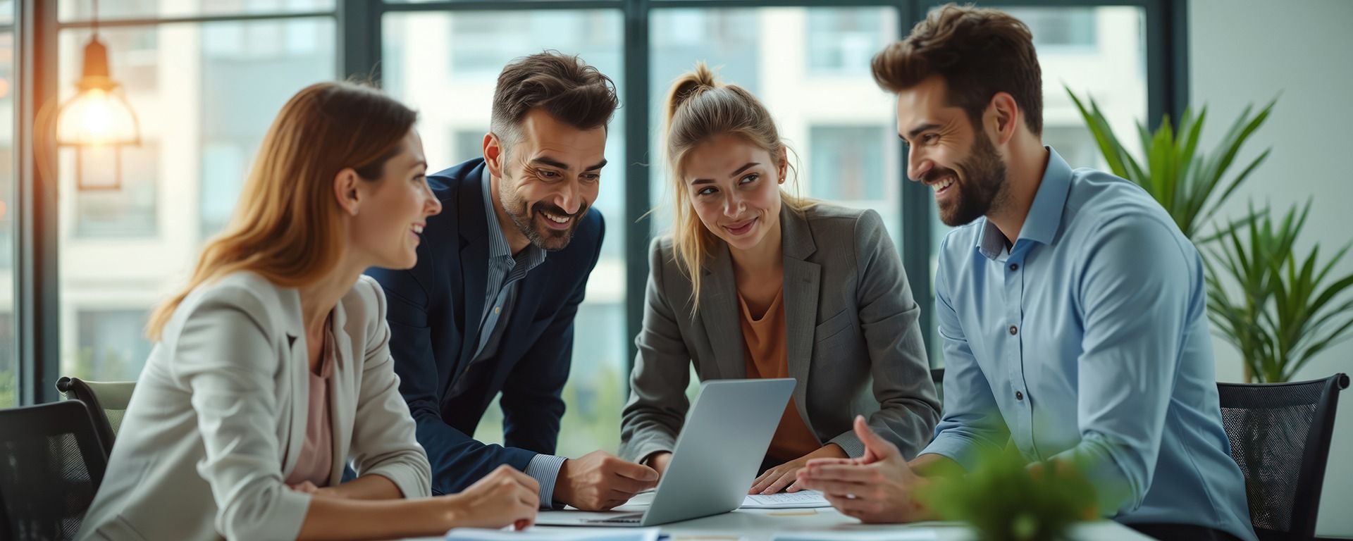 Four coworkers collaborating around a laptop in a modern office, smiling and focused.