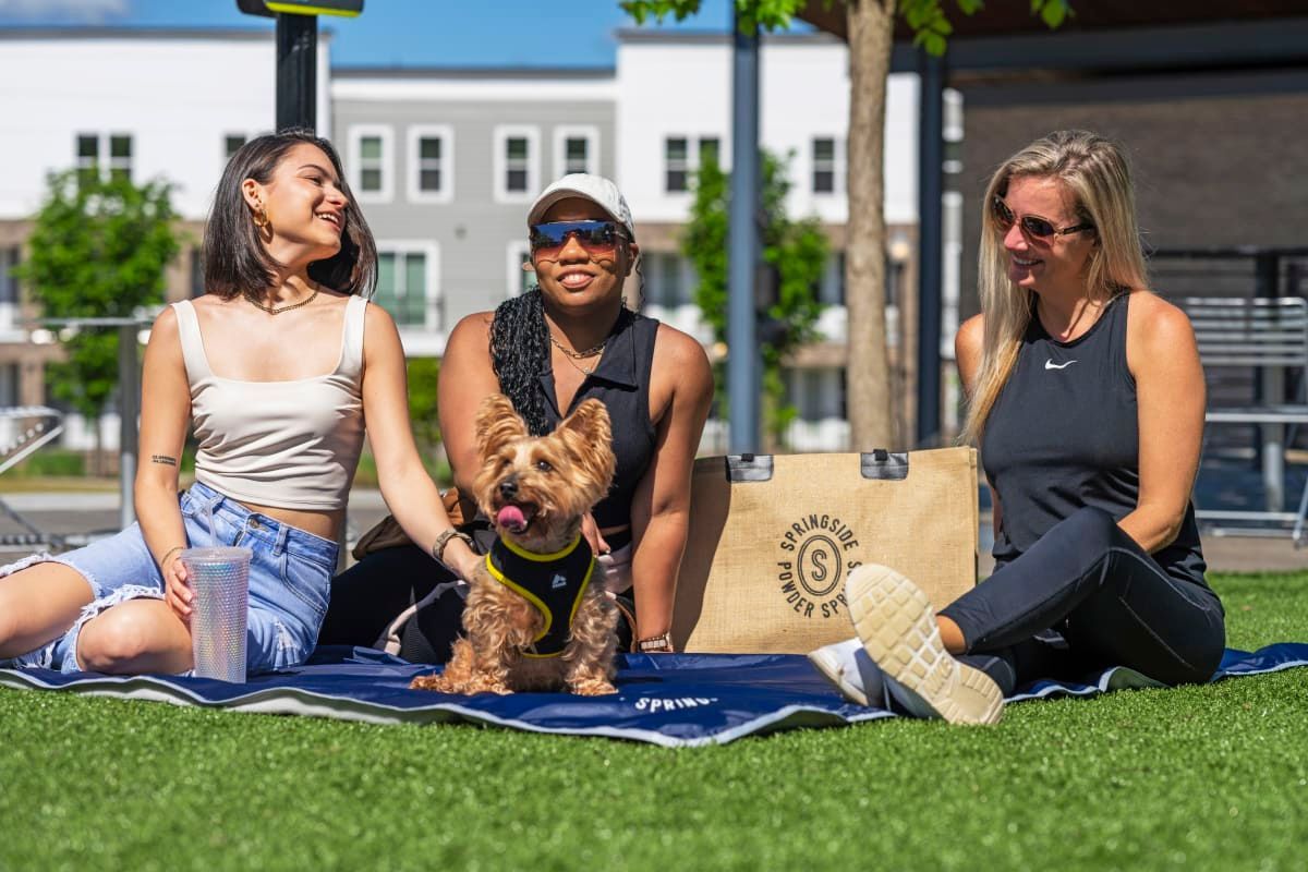 Three women are sitting on a blanket with a dog.