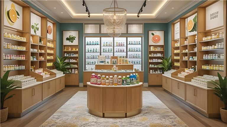 Inside a brightly lit store with wooden shelves displaying various skincare products.