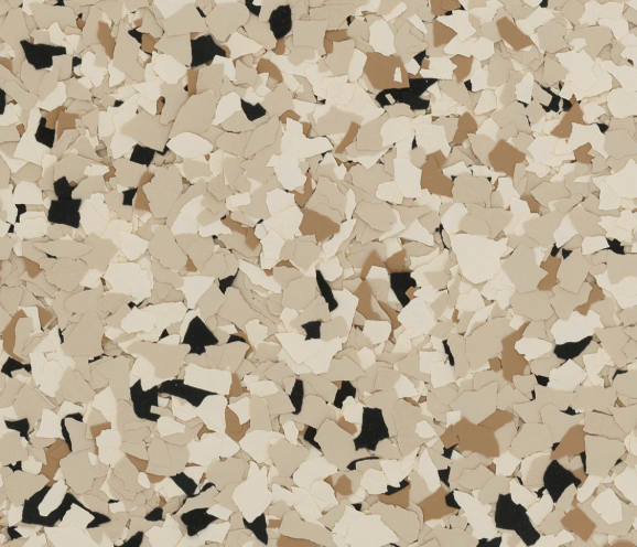 Speckled floor with beige, brown, and black chips.