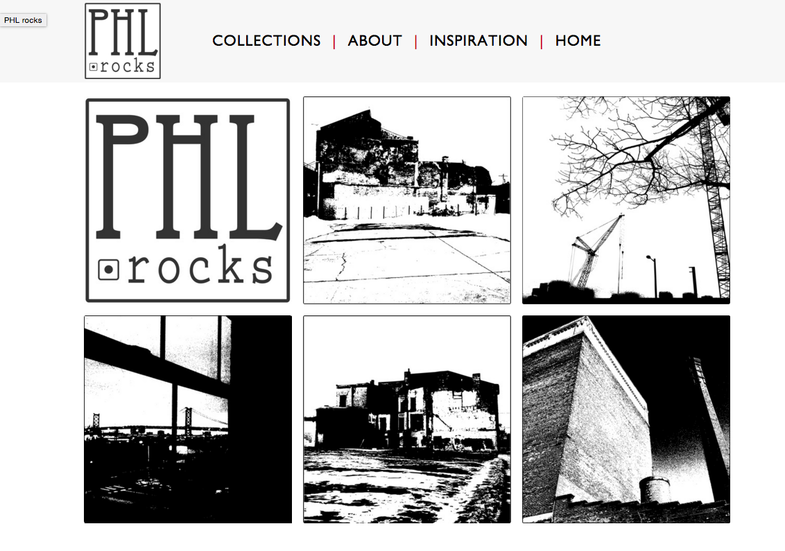 A website called phil rocks has a collage of black and white photos of buildings.