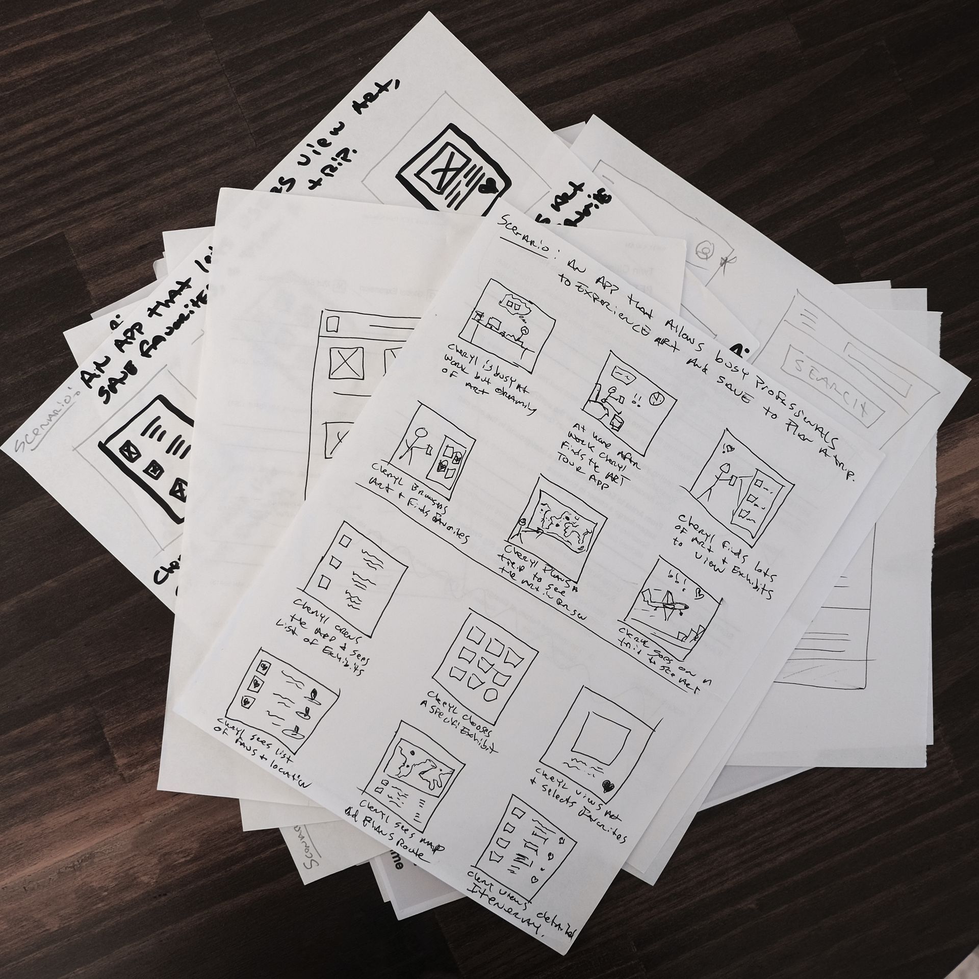 A stack of papers with drawings on them including one that says 