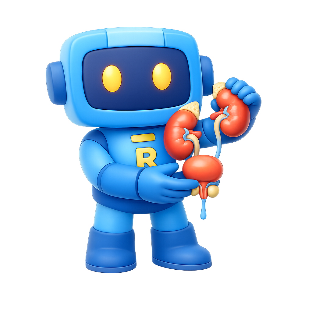 Robô azul de desenho animado segurando um rim vermelho e ilustração do trato urinário