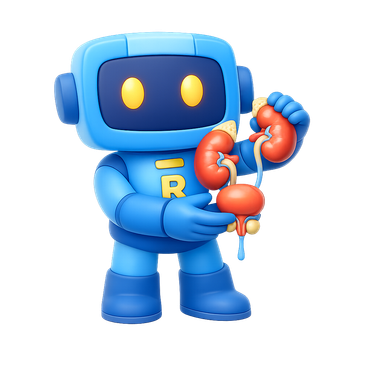 Robô azul de desenho animado segurando uma réplica de rins e bexiga, com olhos amarelos brilhantes.