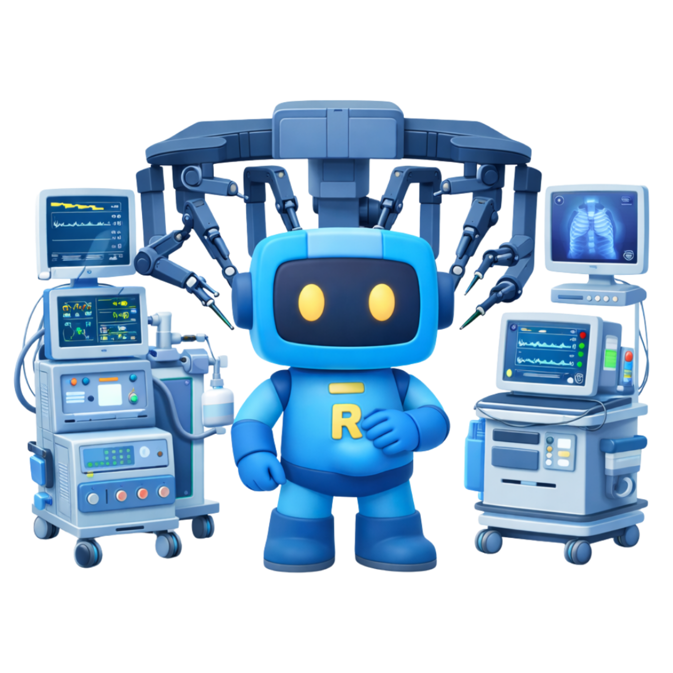 Mascote robô azul com olhos amarelos rodeado por monitores médicos e braços robóticos.