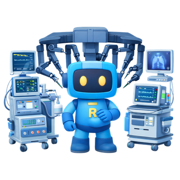 Um robô azul com olhos brilhantes está entre monitores hospitalares e braços robóticos em um laboratório futurista.