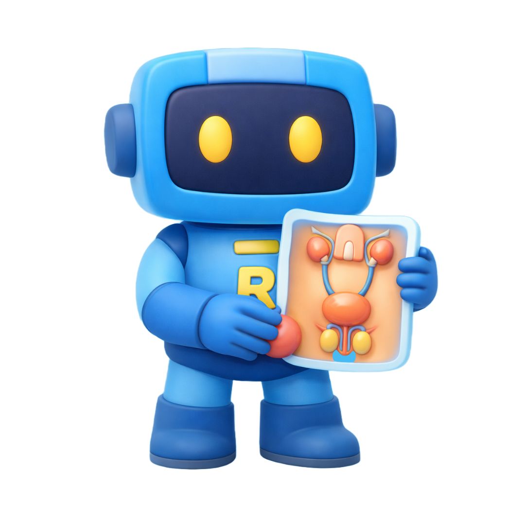 Mascote robô azul segurando um diagrama médico da bexiga e do sistema urinário.
