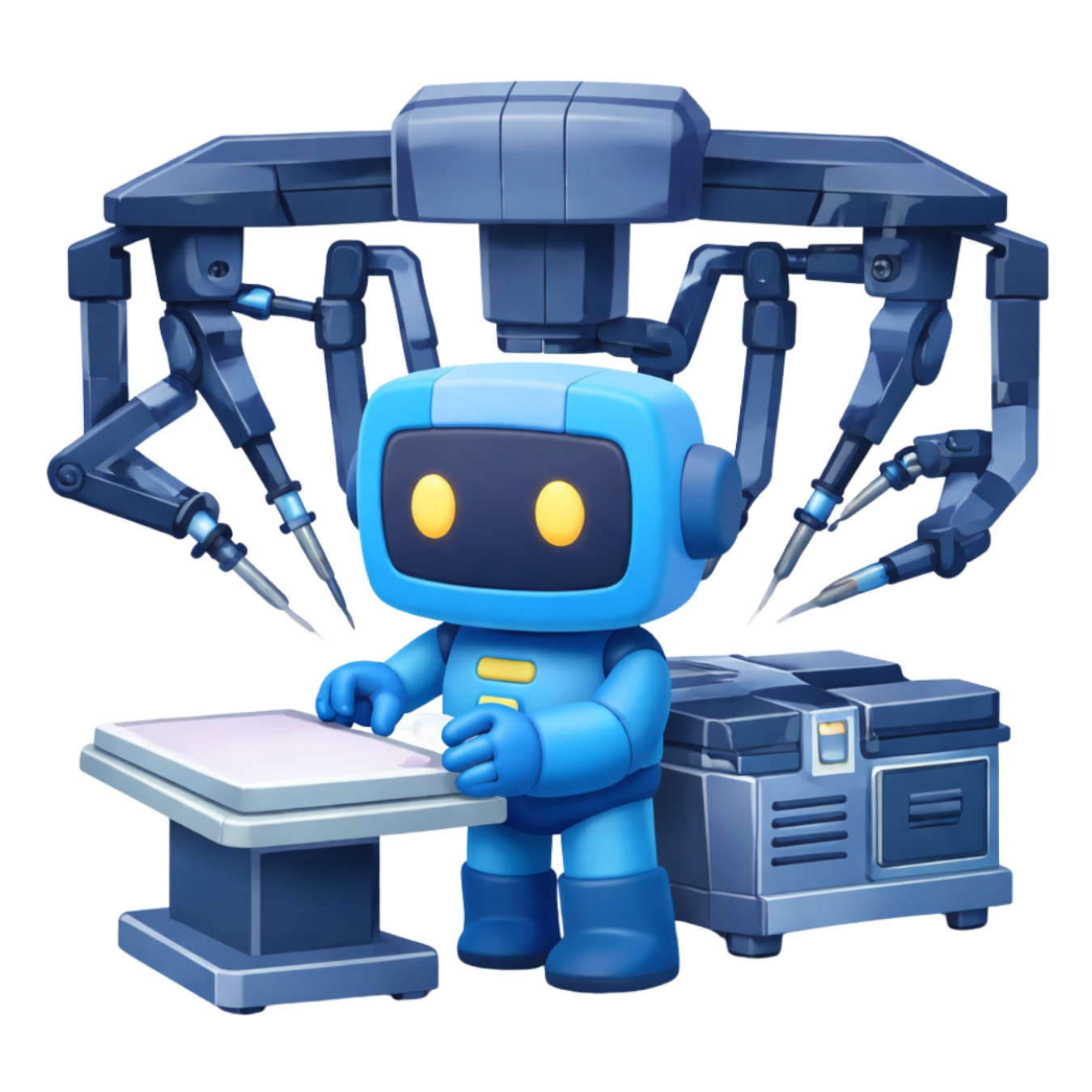 Robô azul sob um braço robótico de estilo cirúrgico, posicionado ao lado de uma mesa e console de controle.