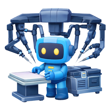 Robô azul sob um braço robótico de estilo cirúrgico, posicionado ao lado de uma mesa e console de controle.