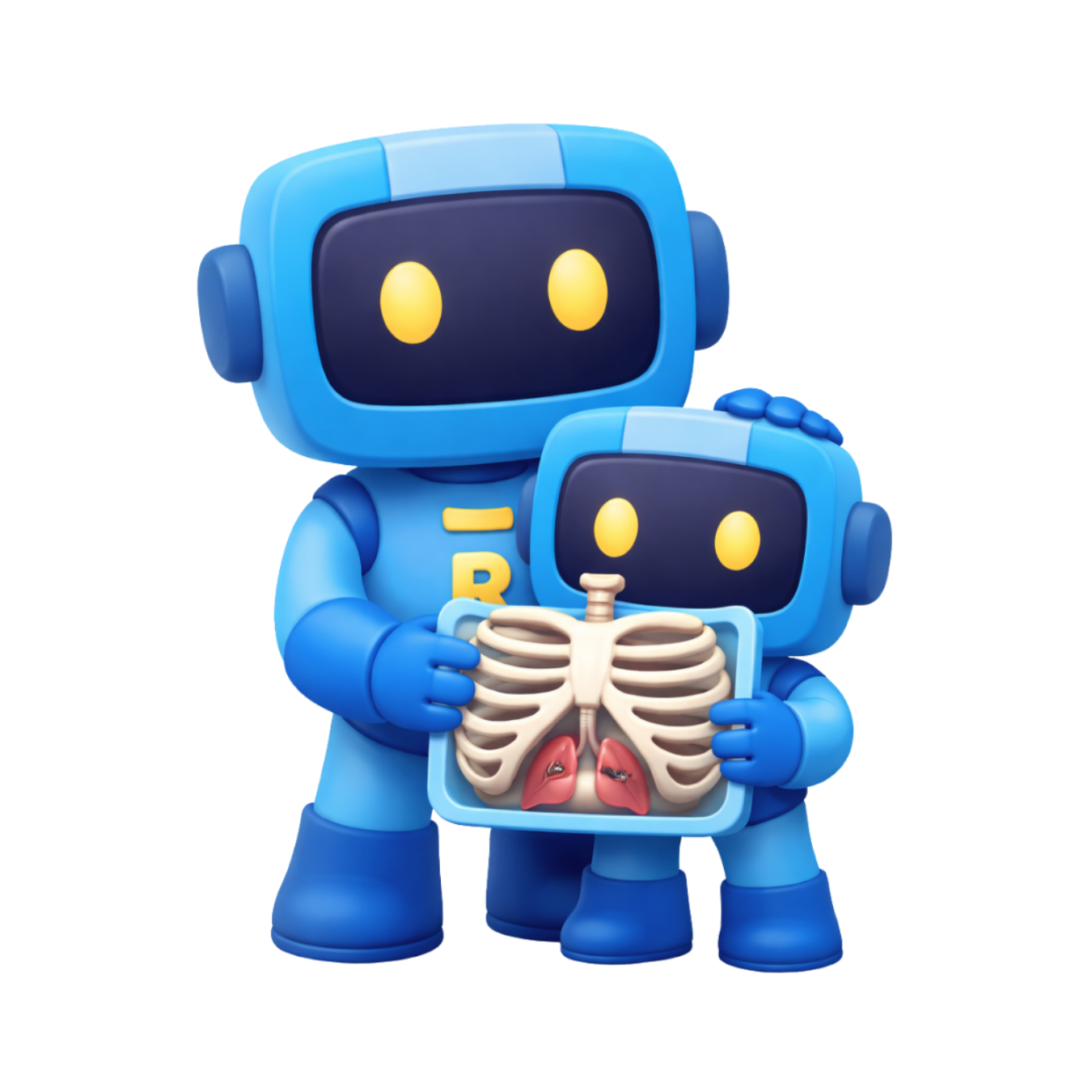 Um robô azul, representando um pai e uma criança, segura uma radiografia de tórax