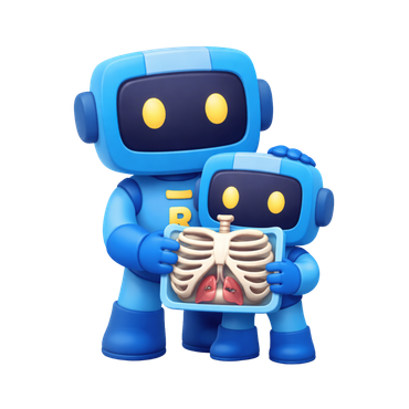 Um robô azul, representando um pai e uma criança, segura uma radiografia de tórax