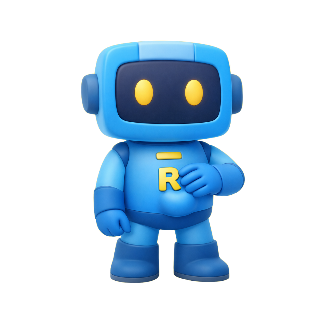 Robô azul de desenho animado com olhos amarelos e um R no peito, em pé e acenando.