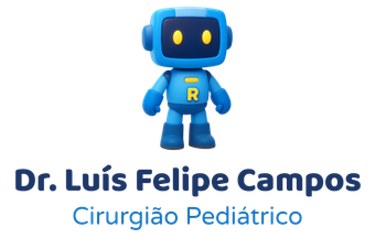 Logo com robô azul e texto “Dr. Luís Felipe Campos – Cirurgião Pediátrico”
