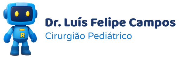 Logotipo do Dr. Luís Felipe Campos, cirurgião pediátrico, com um mascote robô azul e texto em azul.