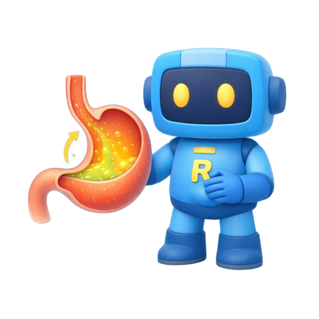 Mascote robô azul ao lado de um ícone de estômago laranja com uma seta verde, sugerindo digestão ou saúde estomacal.