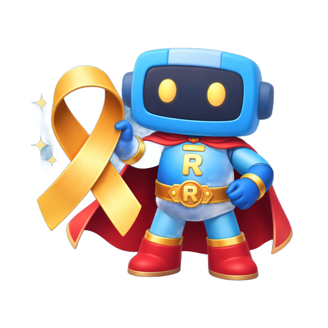 Super-herói robô azul segurando uma fita dourada, vestindo uma capa e um traje vermelhos com olhos amarelos brilhantes.