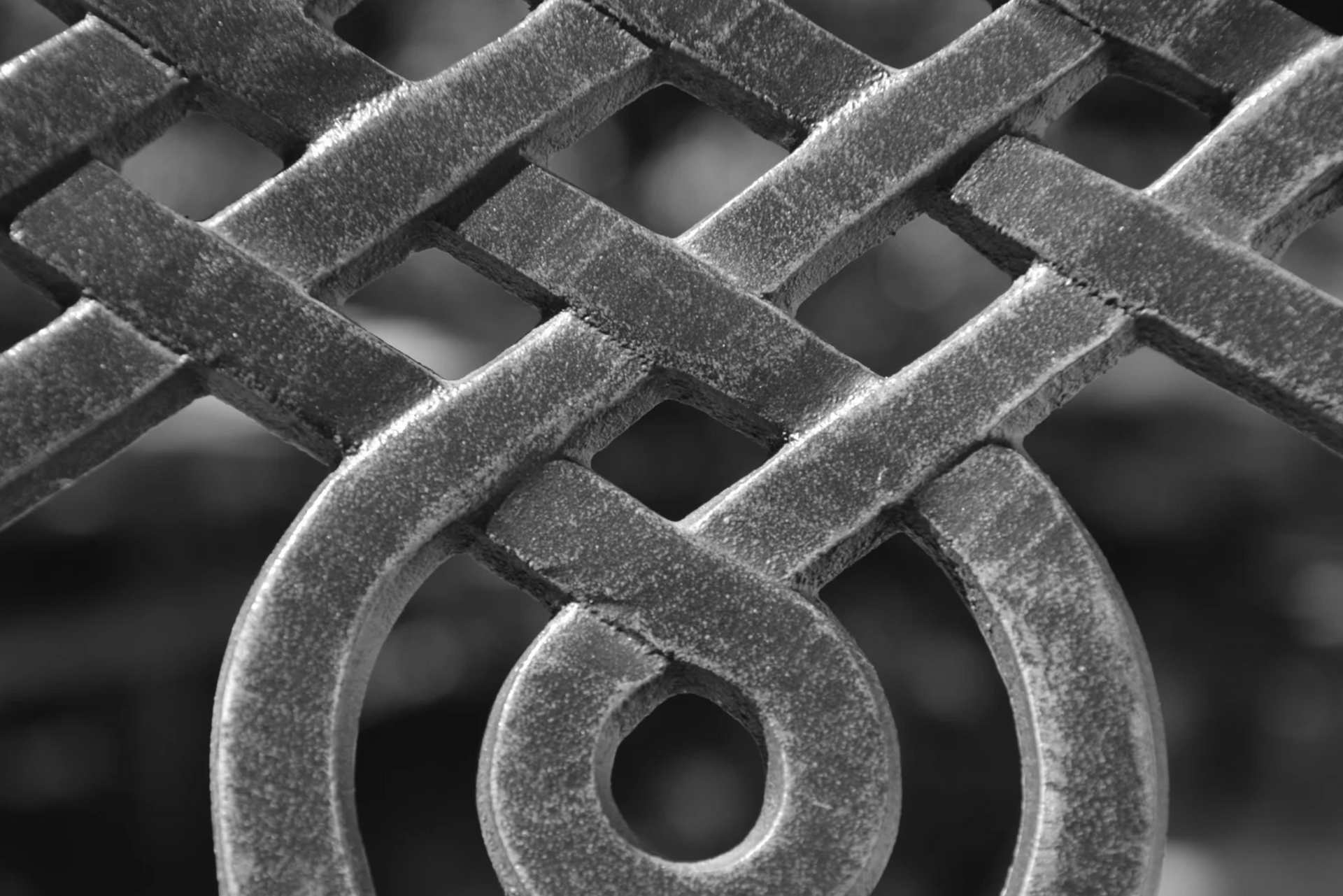 Close-up of decorative metalwork in a lattice pattern, with intertwined looping details.