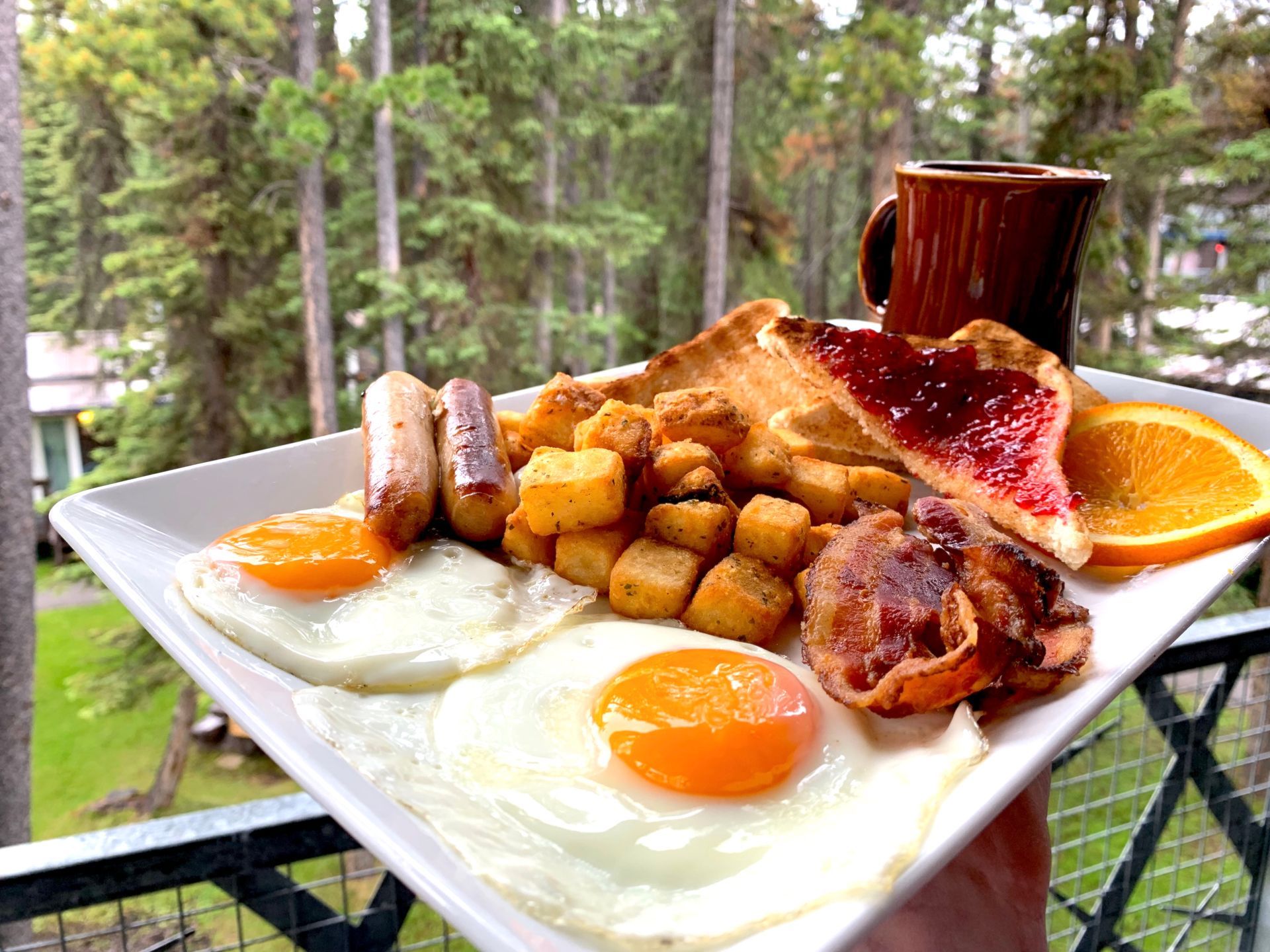 Breakfast plate with eggs, potatoes, sausage, toast with jam, and orange slice. Mug of coffee, forest background.