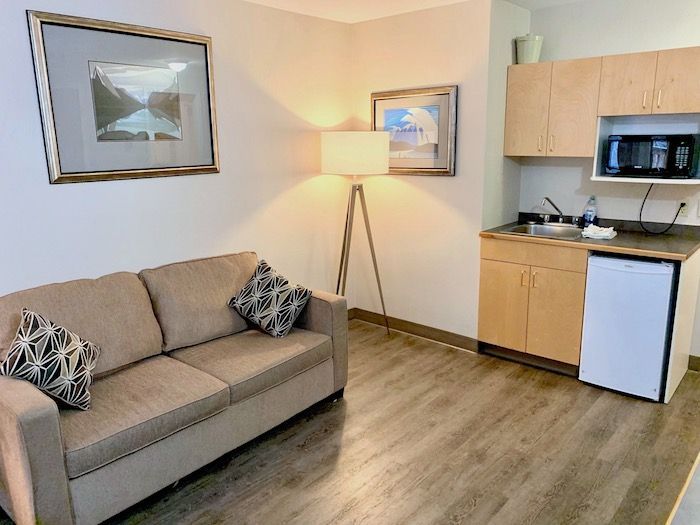 Small studio apartment with beige sofa, kitchenette, and framed art.