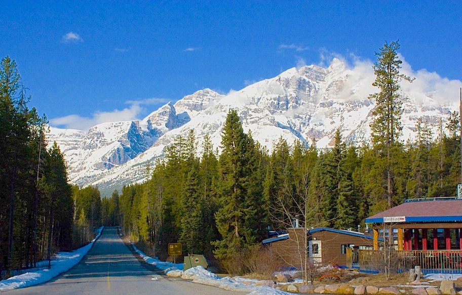 Paved road leading to snow-capped mountains and evergreen forest under a clear blue sky. A lodge sits on the right.