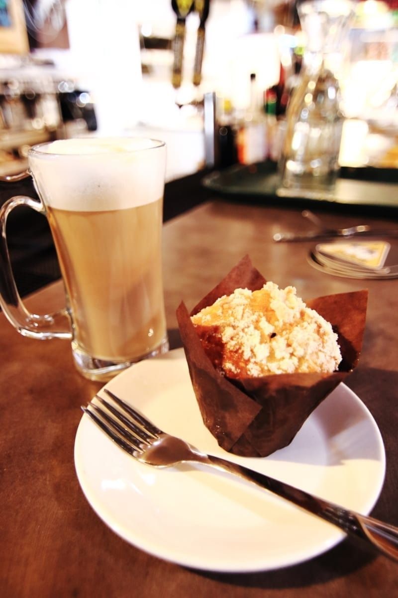 Latte in tall glass, muffin in paper cup, on a white plate with fork, set on a brown table.