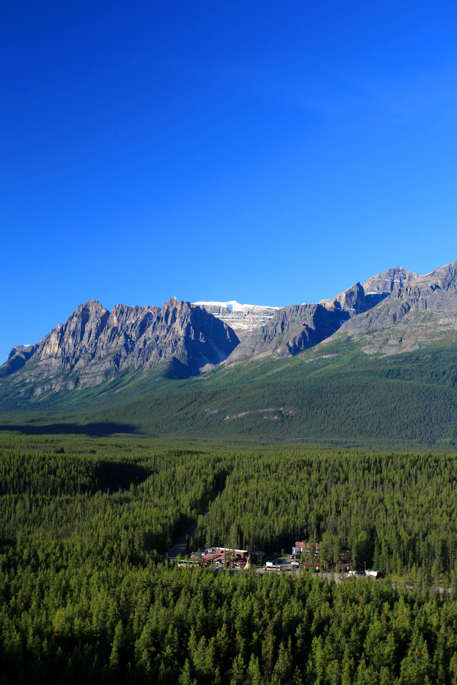 Mountains with snow, forest, and buildings beneath a clear blue sky.