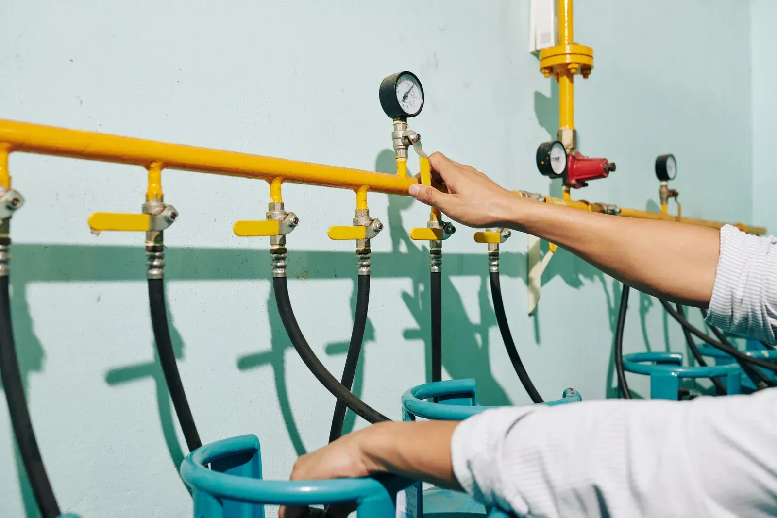Person adjusting gas cylinder valves connected to yellow pipes and pressure gauges.
