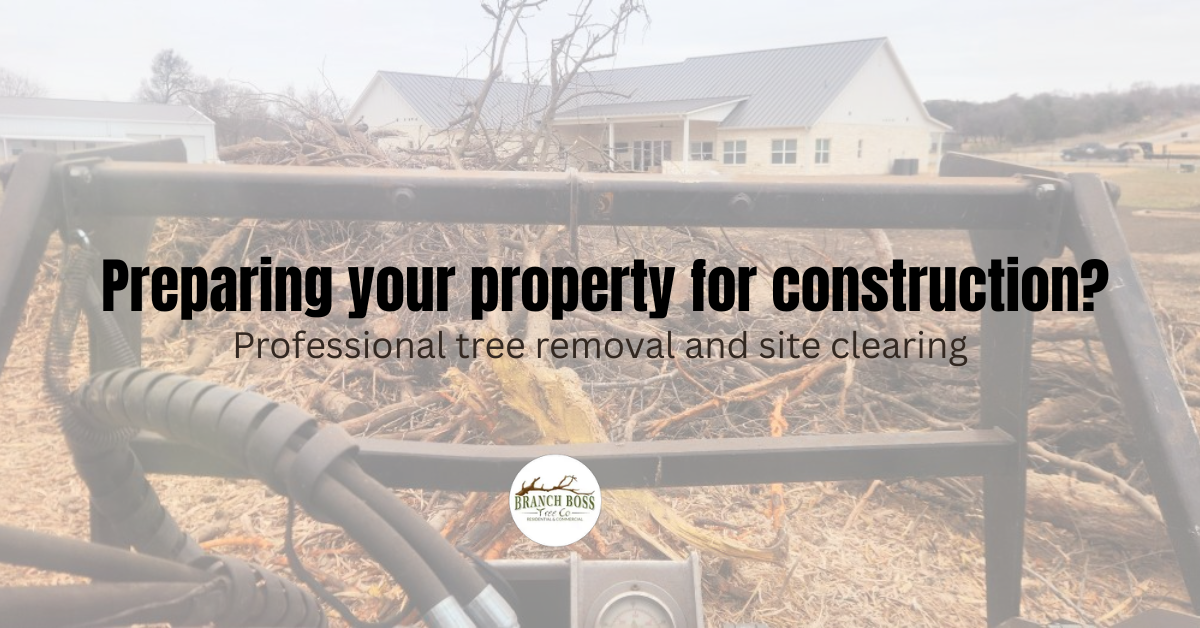 A bulldozer clearing brush for construction, with a house in the background. Text reads A bulldozer clearing brush for construction, with a house in the background. Text reads