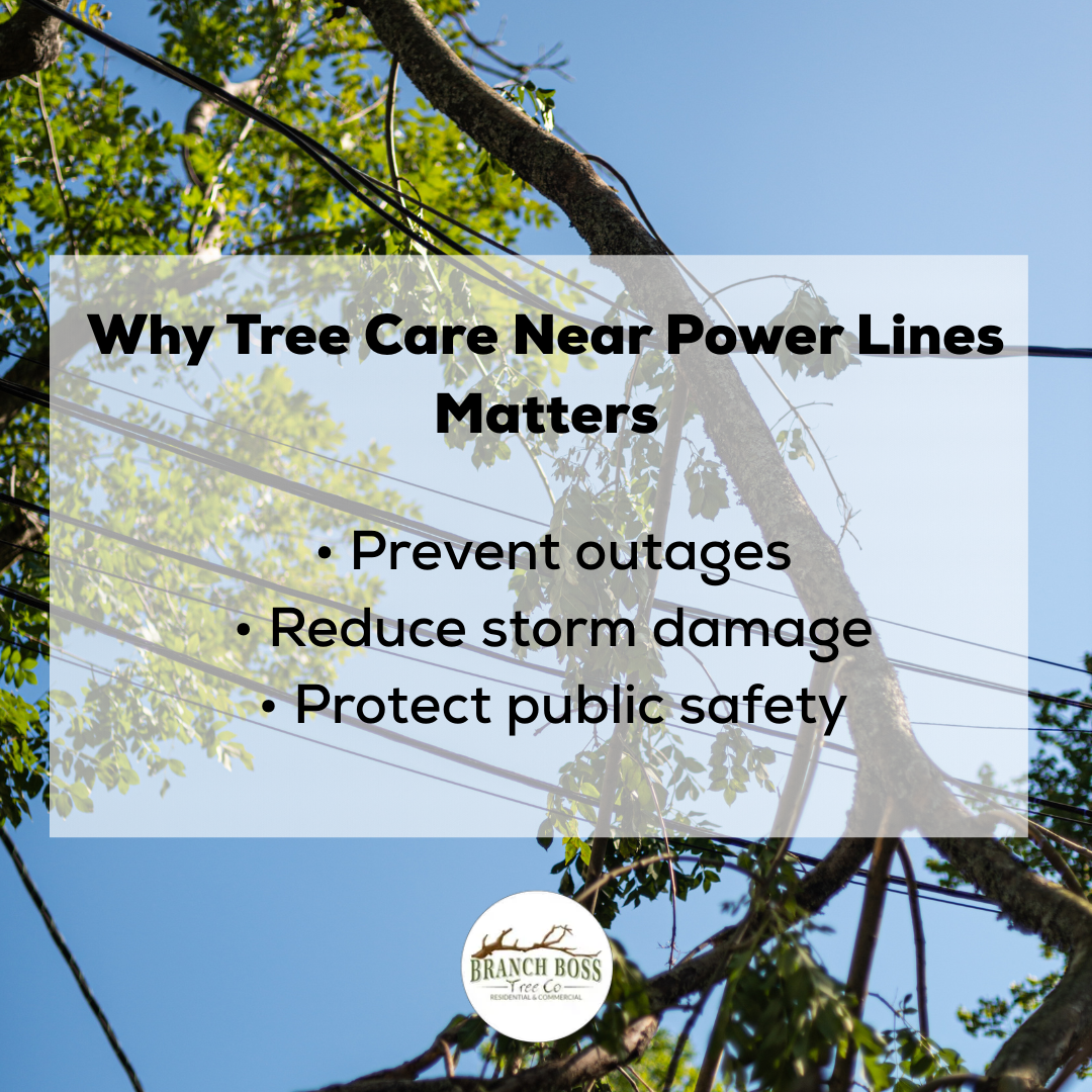 Tree branches near power lines with text explaining the importance of tree care: preventing outages, reducing storm damage, and protecting safety.