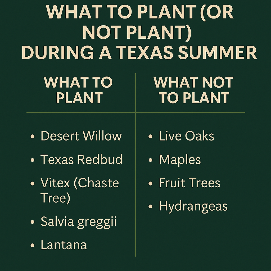 A table detailing plants suitable and unsuitable for planting in a Texas summer, with lists of suggested plants. A table detailing plants suitable and unsuitable for planting in a Texas summer, with lists of suggested plants.