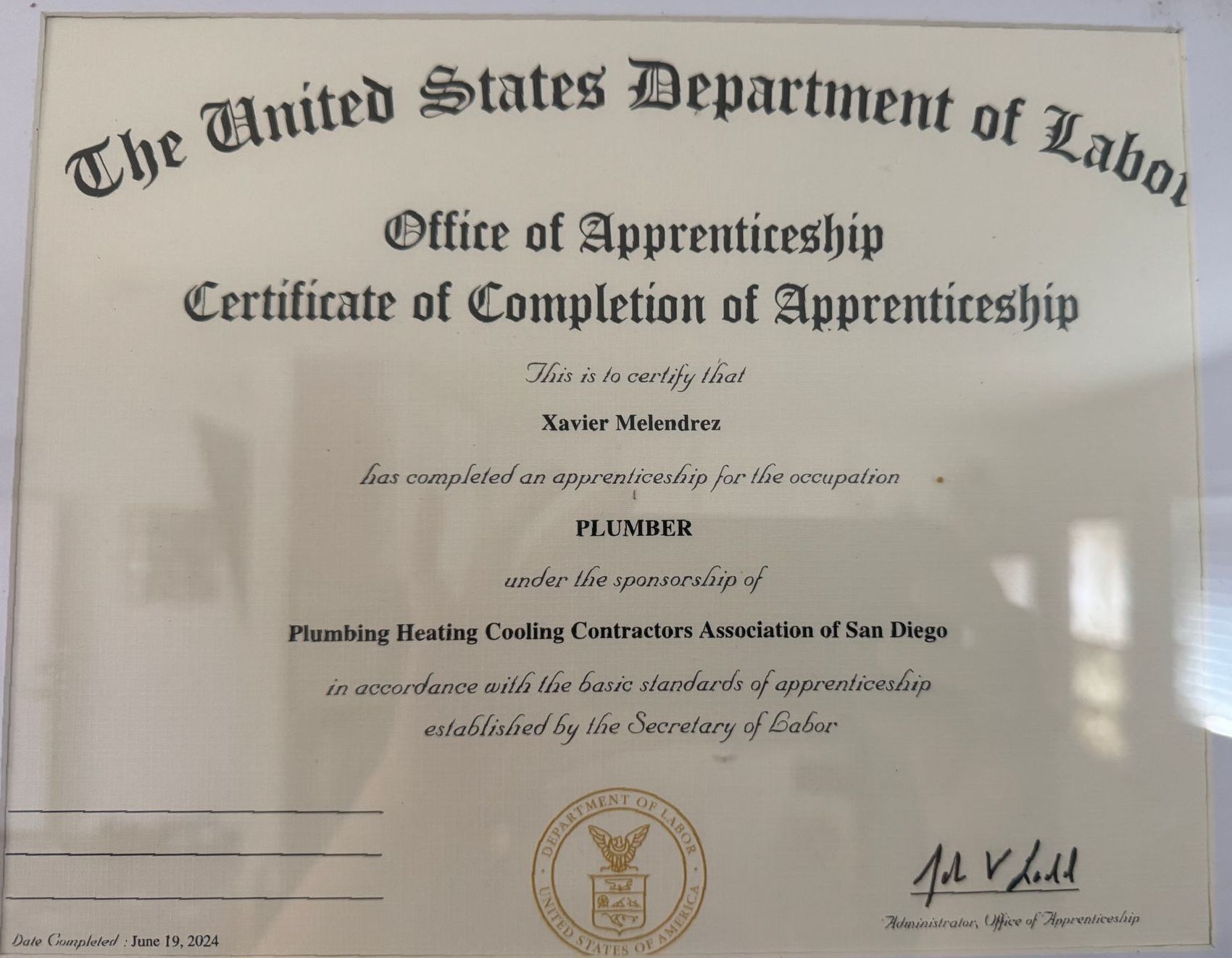 A united states department of labor certificate of completion of apprenticeship