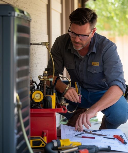 A man wearing glasses is working on a machine