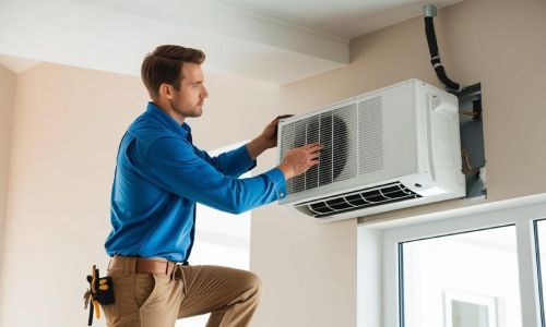 A man is installing an air conditioner in a room.