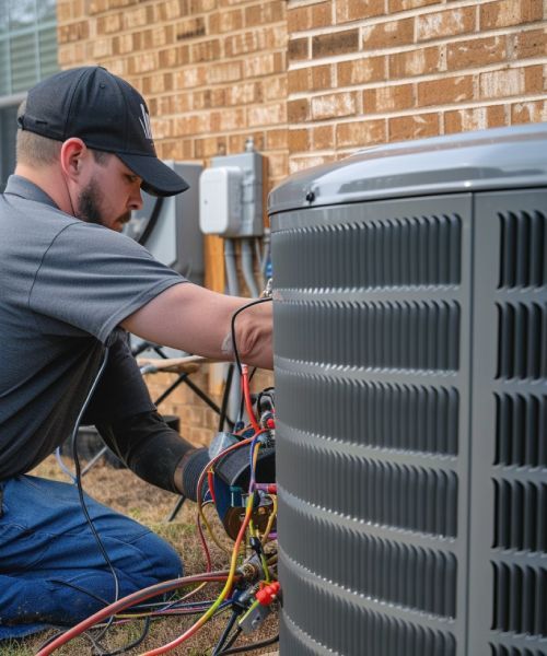 A man is working on an air conditioner outside of a brick building