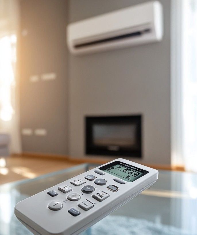 A remote control is sitting on a glass table in a living room.